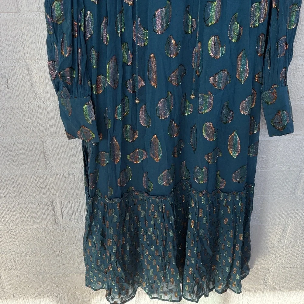 Ciebon Metallic Leaf Belted Teal Long Sleeve Maxi Dress sz S